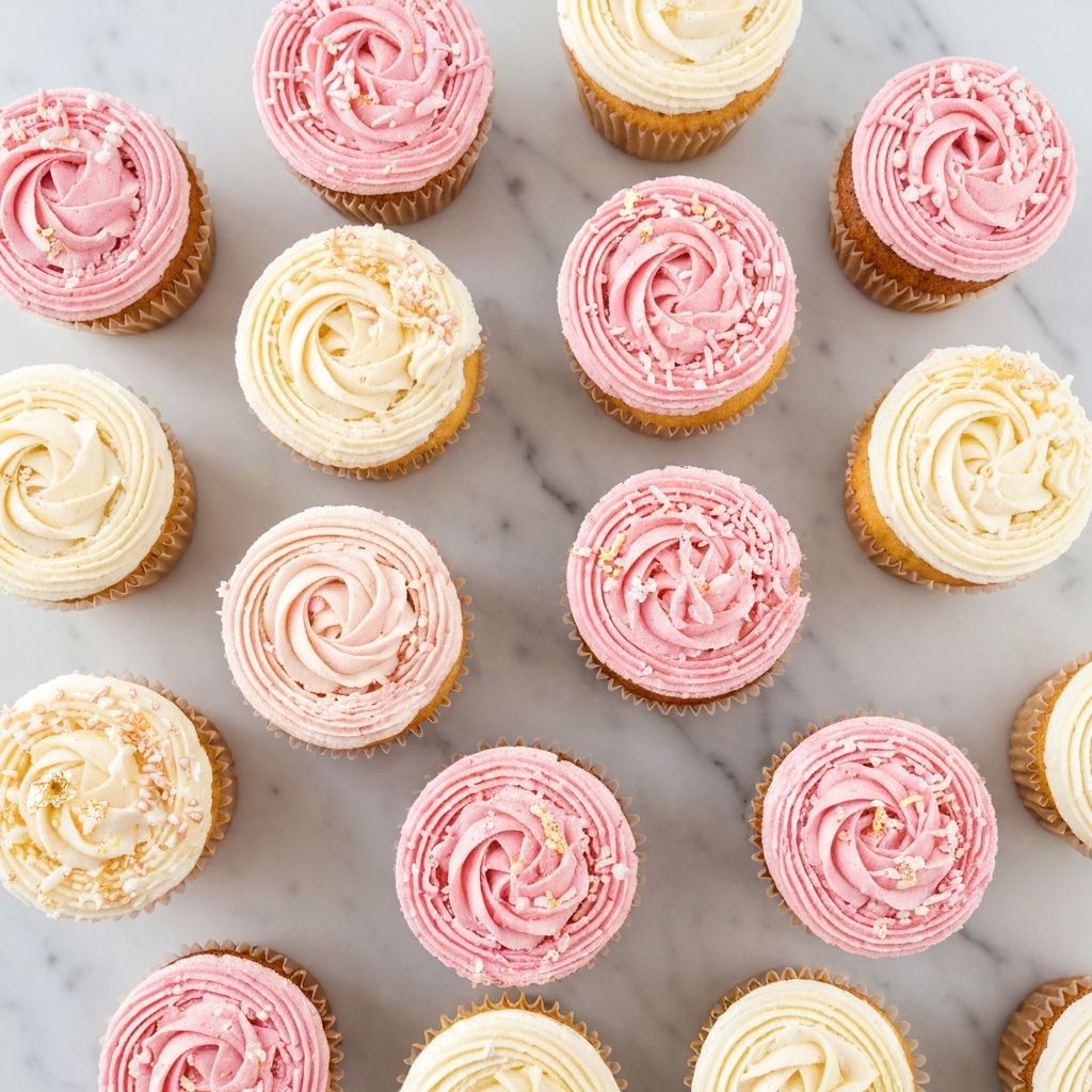 An assortment of beautifully decorated cupcakes with pastel buttercream swirls and sprinkles