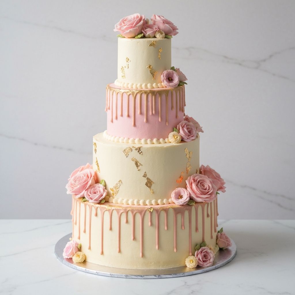A custom multi-tier celebration cake decorated with edible flowers and gold leaf accents
