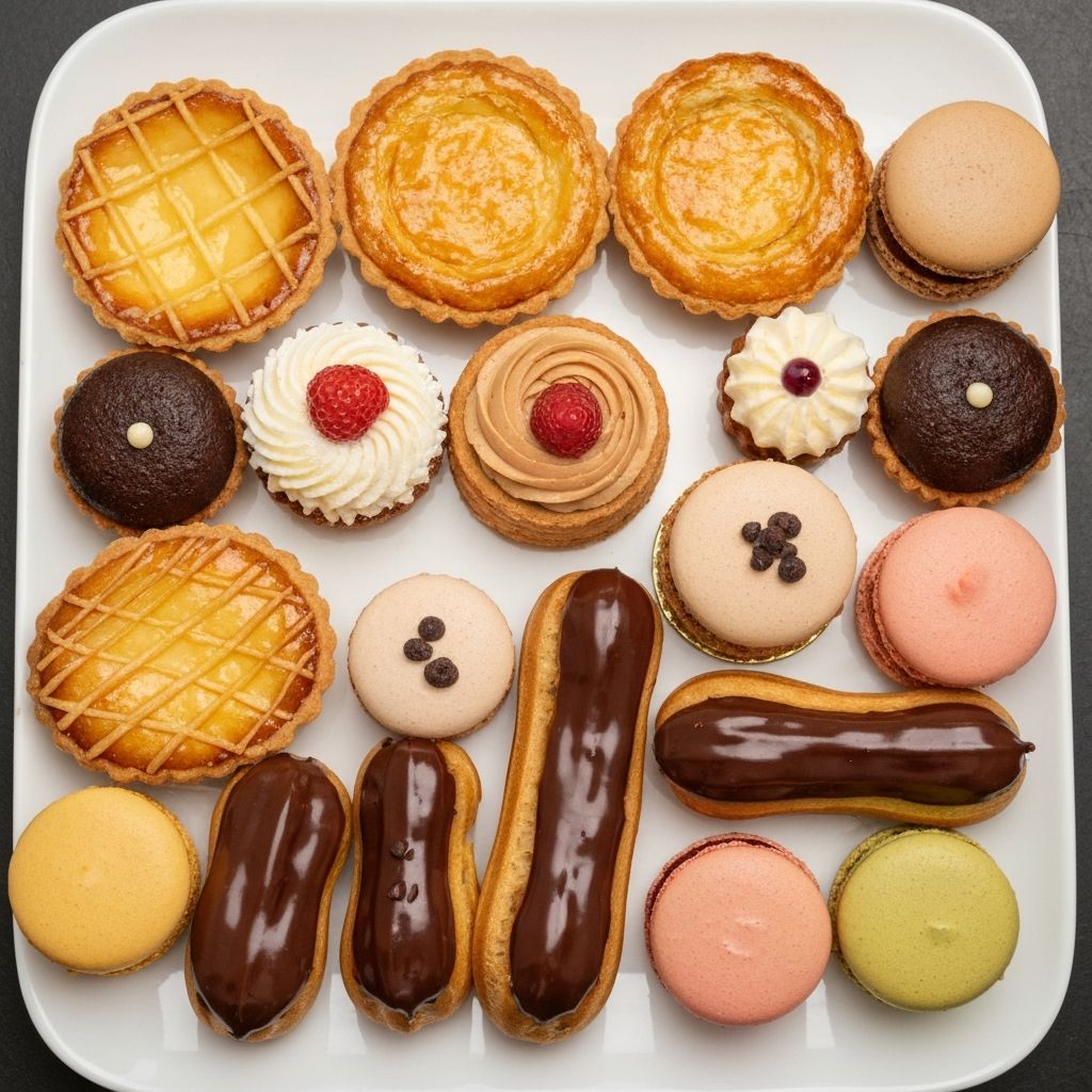 A platter of elegant French-style pastries including tarts, eclairs, and macarons