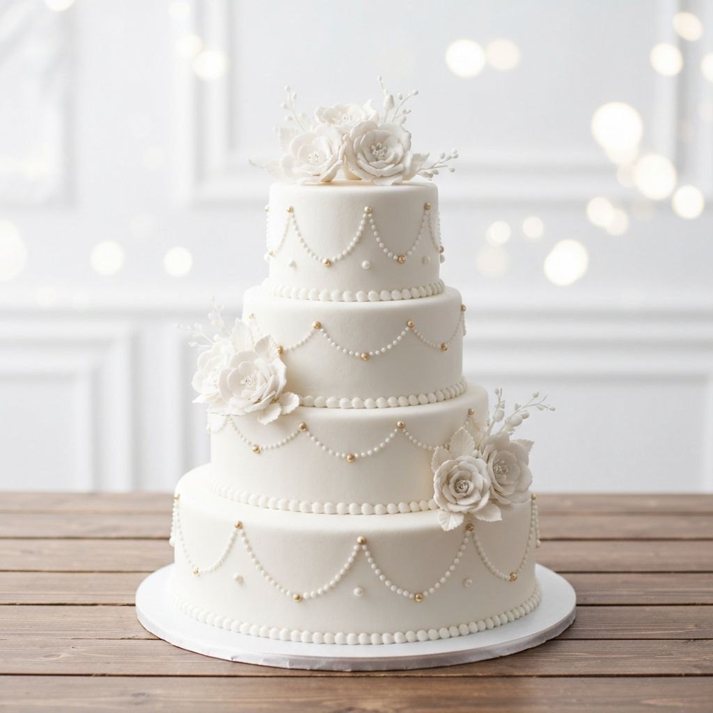 An elegant three-tier white wedding cake adorned with sugar flowers and pearl details
